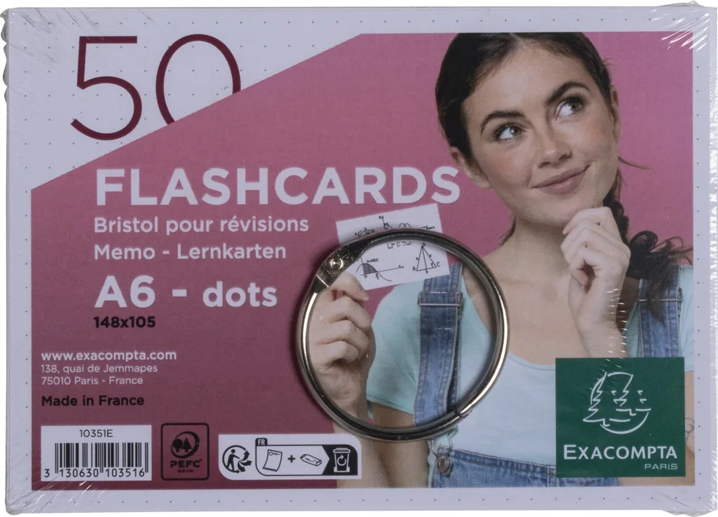 Kit Révision Flashcards A6 Exacompta 10351E, Fiches Dots + Anneau Blanc