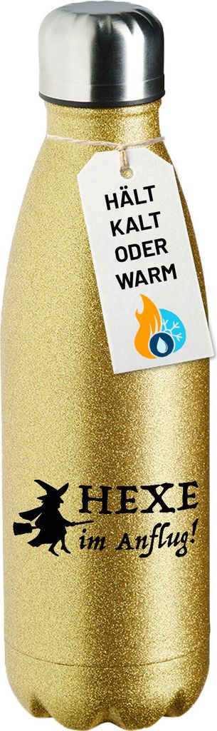 Huuraa Trinkflasche Hexe im Anflug 500ml Gold Edelstahl Wasserflasche Trinkflasche Geschenkidee