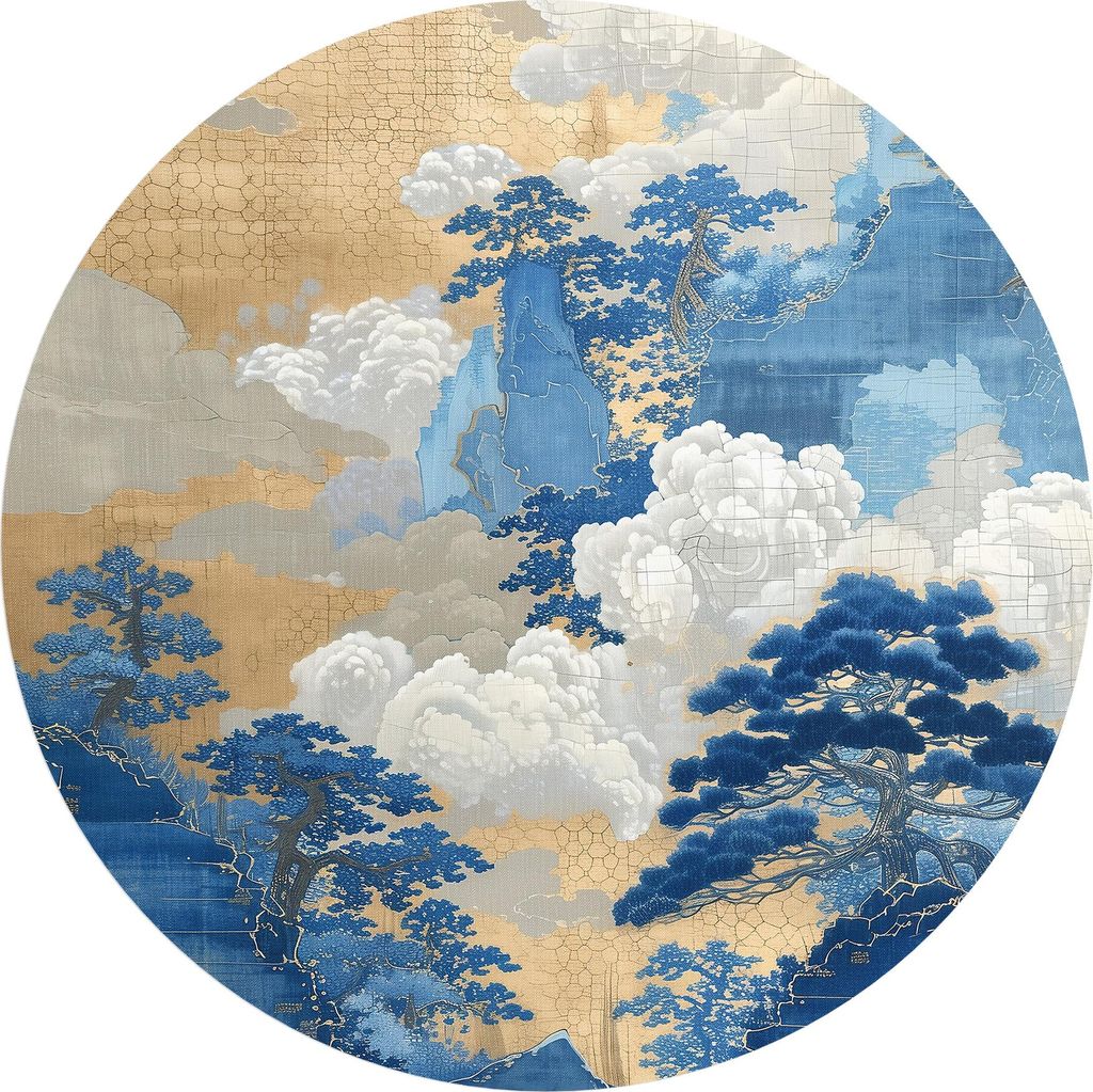 DEQORI Fototapete rund Ø 80 cm 'Blauer Wolkenzauber' Wand Tapete Leinwand Sticker