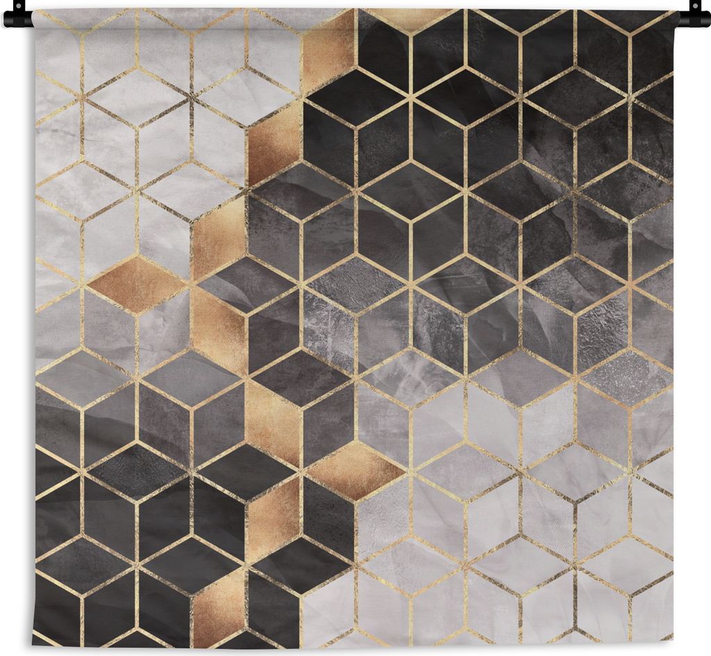 MuchoWow Wandteppich Wandbehang Abstrakt - Würfel - Gold - Muster - Schwarz - Weiß 90x90 cm Tapisserie Dekoration Wandtuch - Wandaufhänger