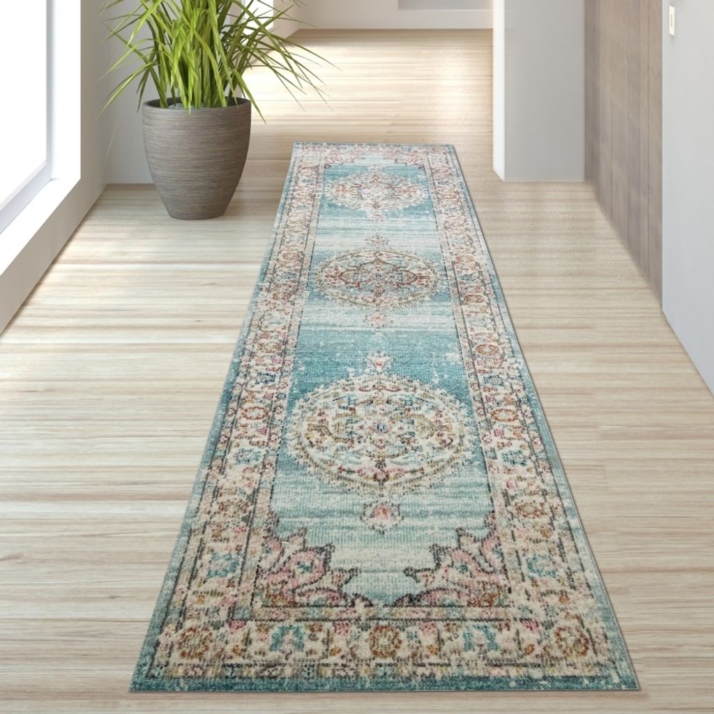 Teppich Orient Outdoor Vintage in blau creme Größe - 80 x 300 cm