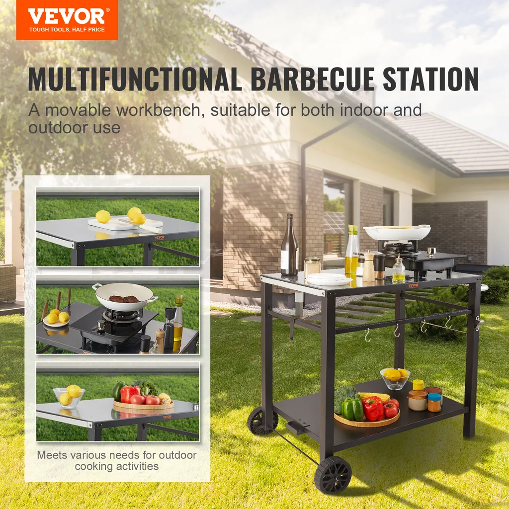 VEVOR Carrello di servizio Carrello da cucina 100 x 64 x 83,5 cm Carrello da pranzo per barbecue all'aperto con doppio ripiano, Tavolo mobile da barbecue per la preparazione dei cibi, Piano in ferro multifunzionale Nero - 2