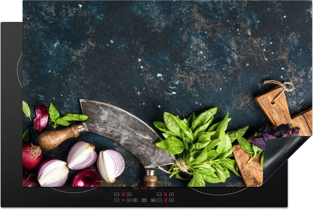 KitchenYeah Herdabdeckplatte Gemüse - Kräuter - Wiegemesser - Zwiebel - Gewürze - Rustikal , 80x52cm, Küche Deko, Glaskeramikfeld Herdabdecku...