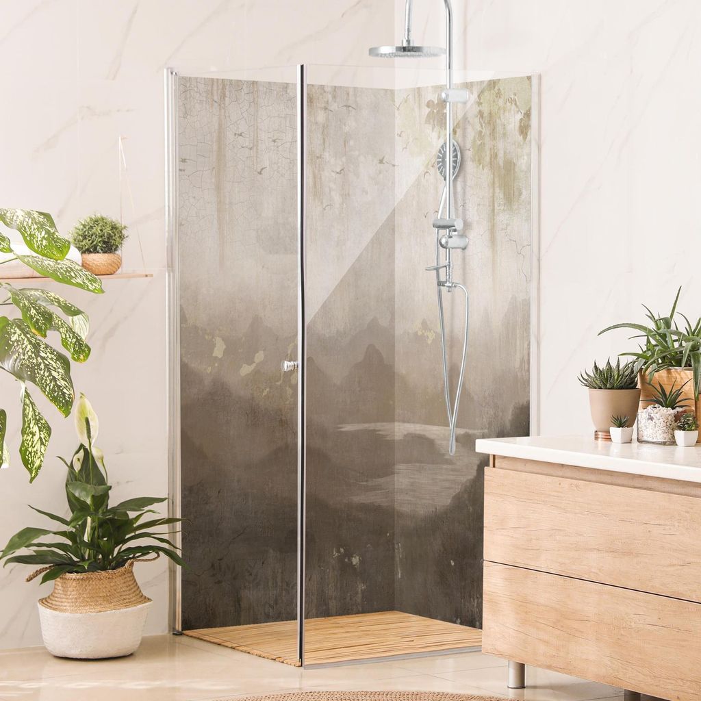 Duschrückwand Wald selbstklebend - 0.61 mm Wandpaneel wasserfest Indien beige Tropisch Badrückwand fugenlos Premium matt 90x210 cm