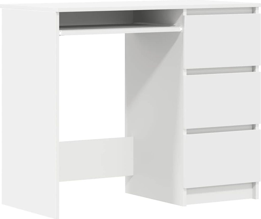 A white desk with three drawers on the right side and an open compartment on the left.