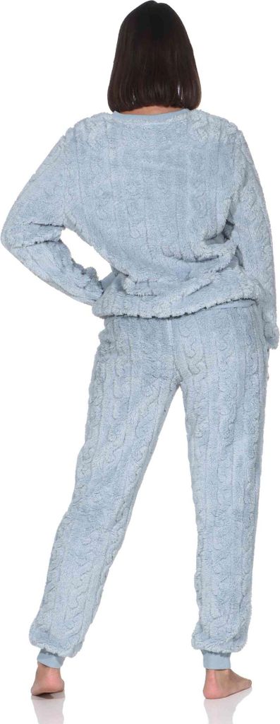 Damen langarm Schlafanzug Hausanzug mit Bündchen aus kuscheligen Sherpa-Fleece ; hellblau , 48