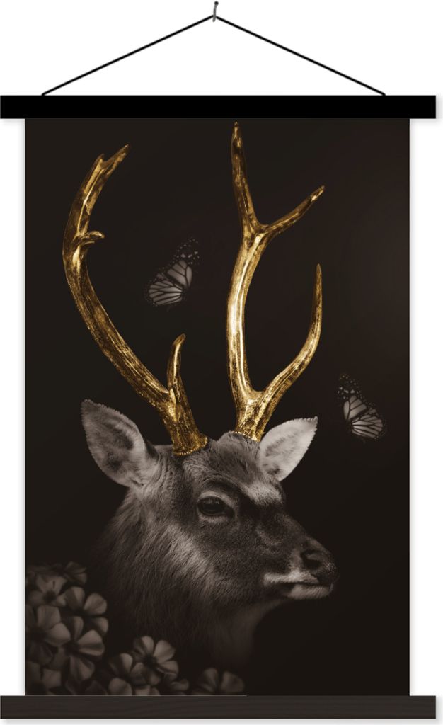 MuchoWow Textilposter Hirsch - Schmetterling - Gold - Schwarz 40x60 cm mit schwarzem Rahmen - Wanddekorationen