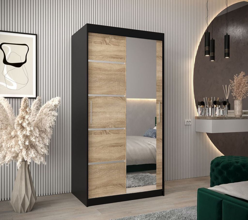 Spiegel-Kleiderschrank ADELA – 100 cm, schwarz / Eiche sonoma
