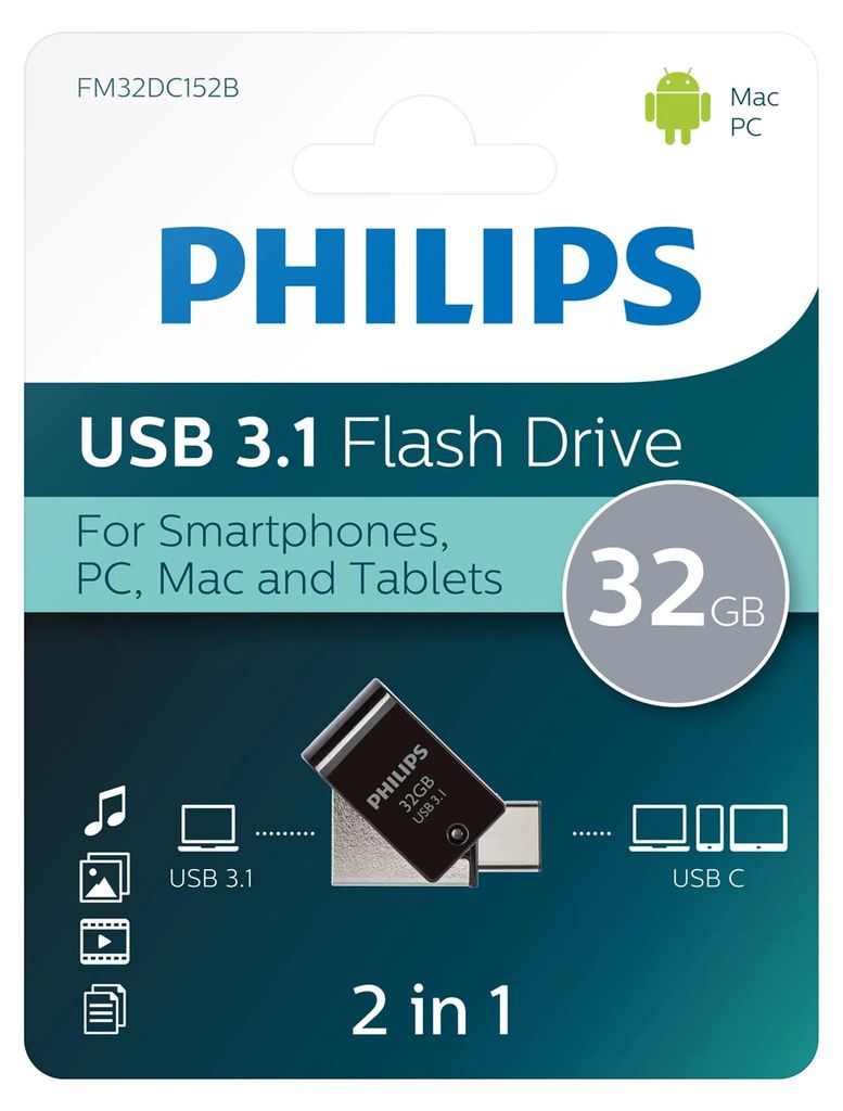 Philips USB-stick 32 GB USB 3.1 2-in-1 USB-C en USB-A lezen Productafbeelding 