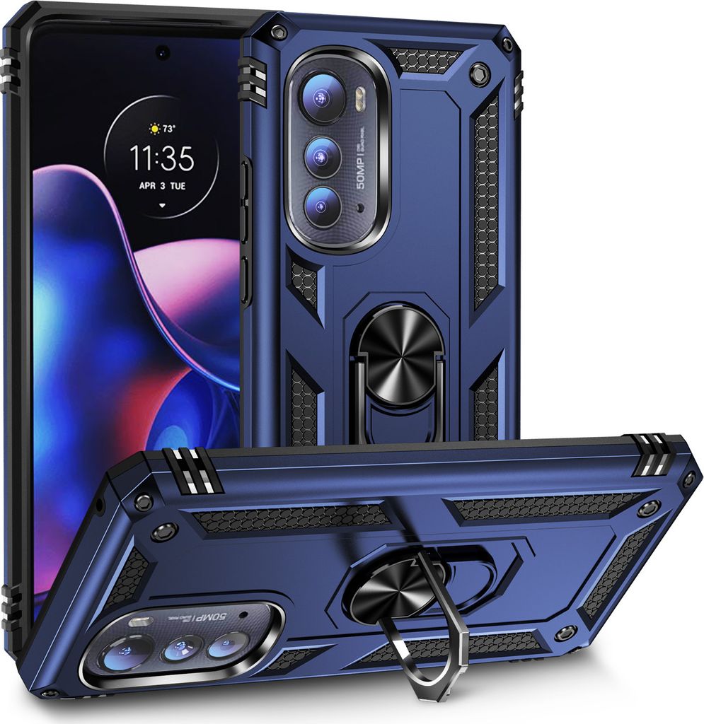 Motorola Edge 2022 Hülle, Dual Layer Robust Militäre Schutzhülle mit Ringhalterung Ständer für Motorola Edge 2022 Blau