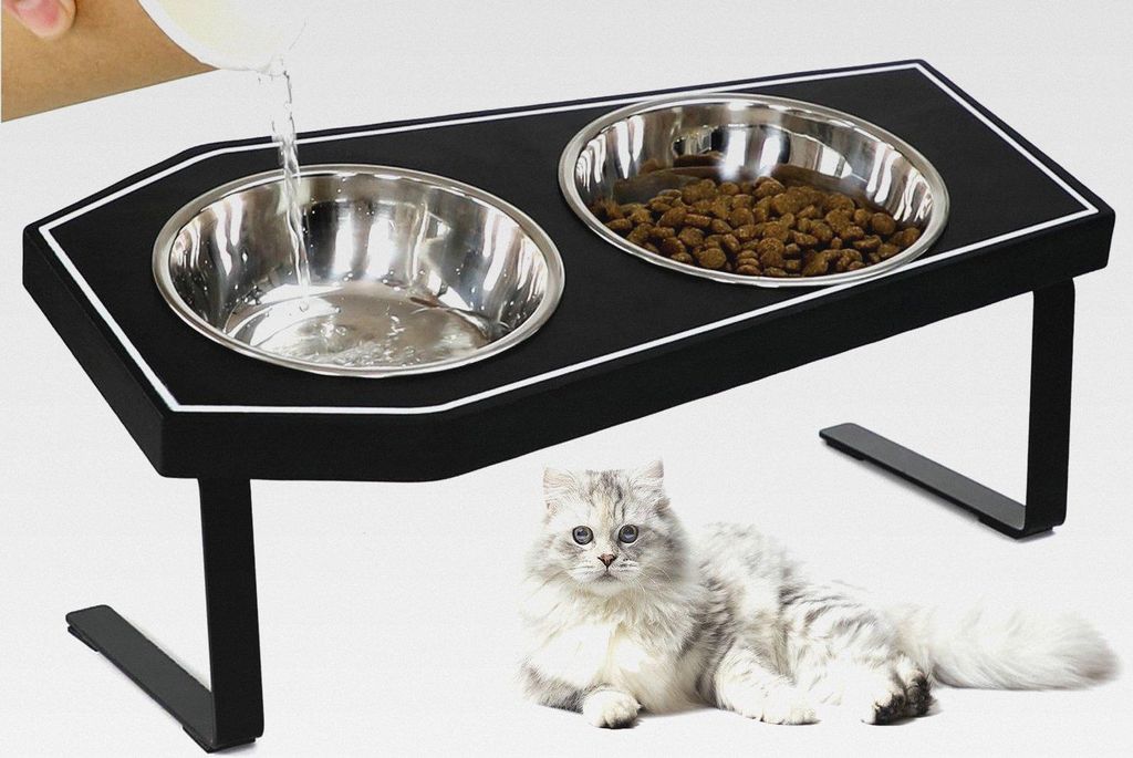 Katzenfutternäpfe erhöht, Gothic Katzennäpfe Erhöhte Katzennäpfe für Indoor-Katzen mit rutschfestem Ständer & Bambusbrett, Edelstahl und Sch...