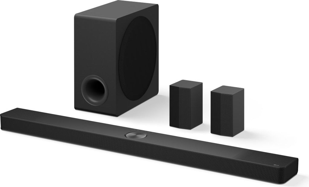 A black soundbar, subwoofer, and two satellite speakers are arranged on a white background.