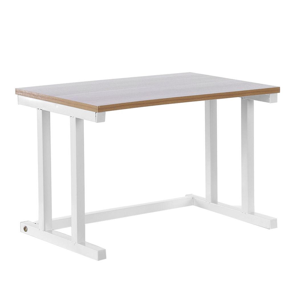 A simple, modern desk with a wooden top and white metal legs, shown against a white background.