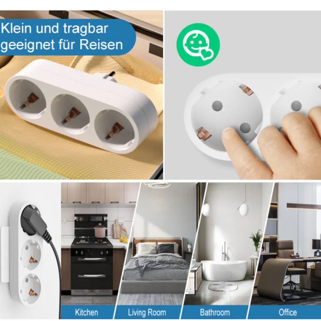 3X 3-Fach EU Steckdosenadapter,3-fach Rund Mehrfachstecker Produktbild 3