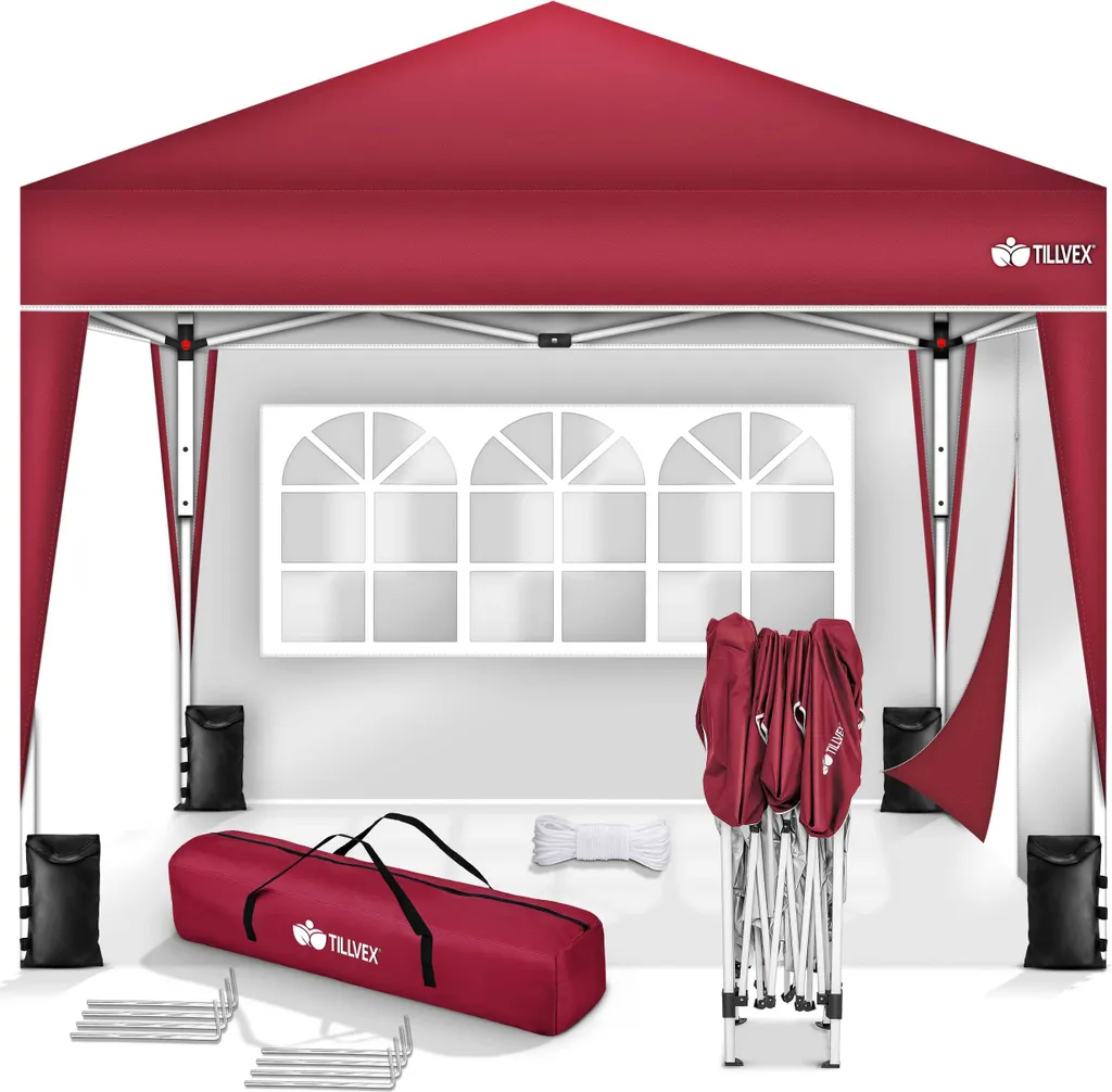 Gazebo Pieghevole 3x3 tillvex Rosso Impermeabile UV50+ con Pareti