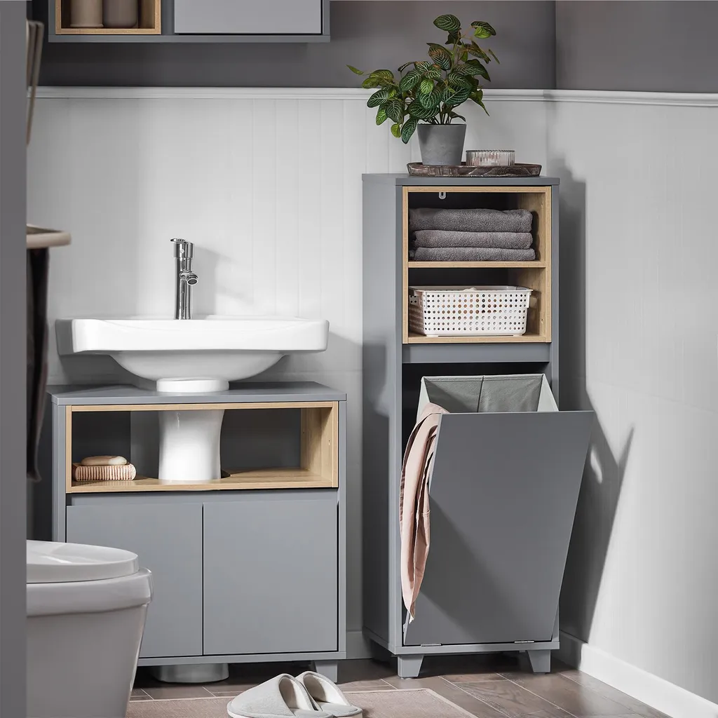 Organiseur de Salle de Bain Gris Gain de Place avec Corbeille à Linge