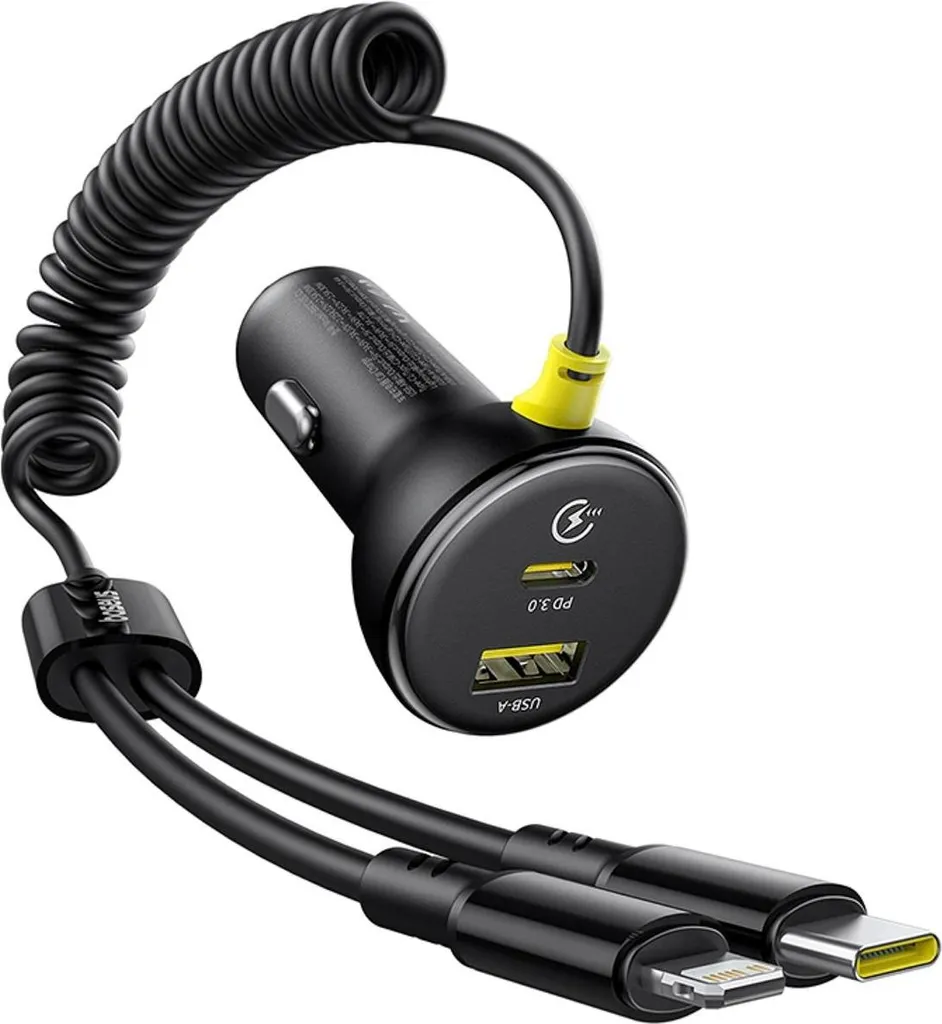 Baseus Caricatore Auto 60W con Cavo Retrattile Lightning e USB-C Nero - 1