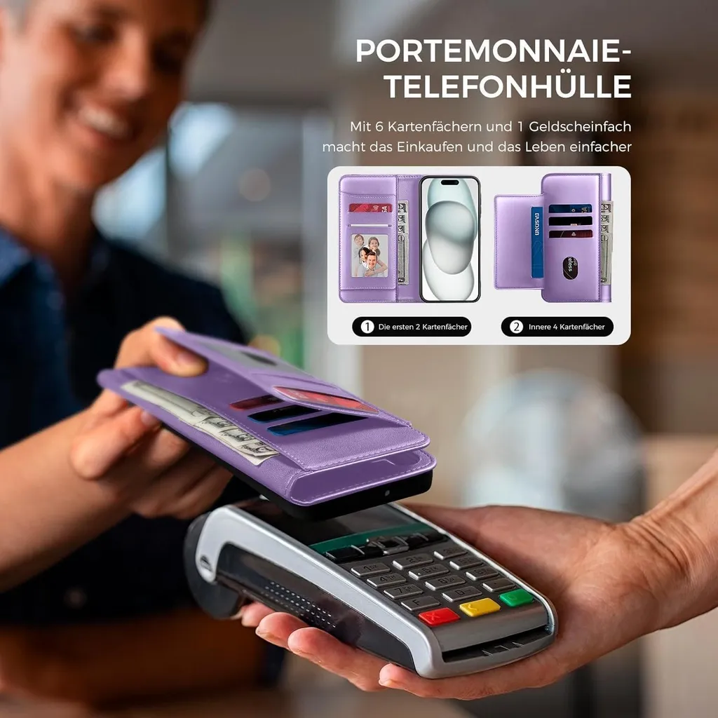 EASDNB Étui iPhone 15 en Verre Trempé Violet Clair avec Bloqueur RFID - 6