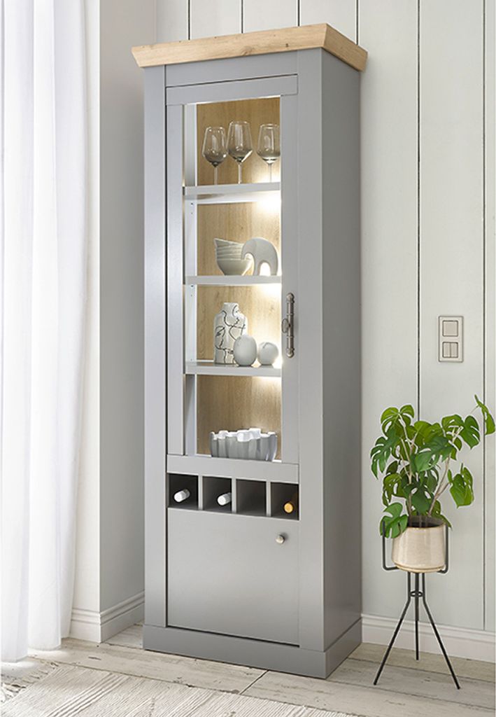 Wohn-/Esszimmer Vitrine mit Weinregal in grau mit Artisan Eiche Nb. CHATHAM-61, B/H/T ca. 71/201/37 cm