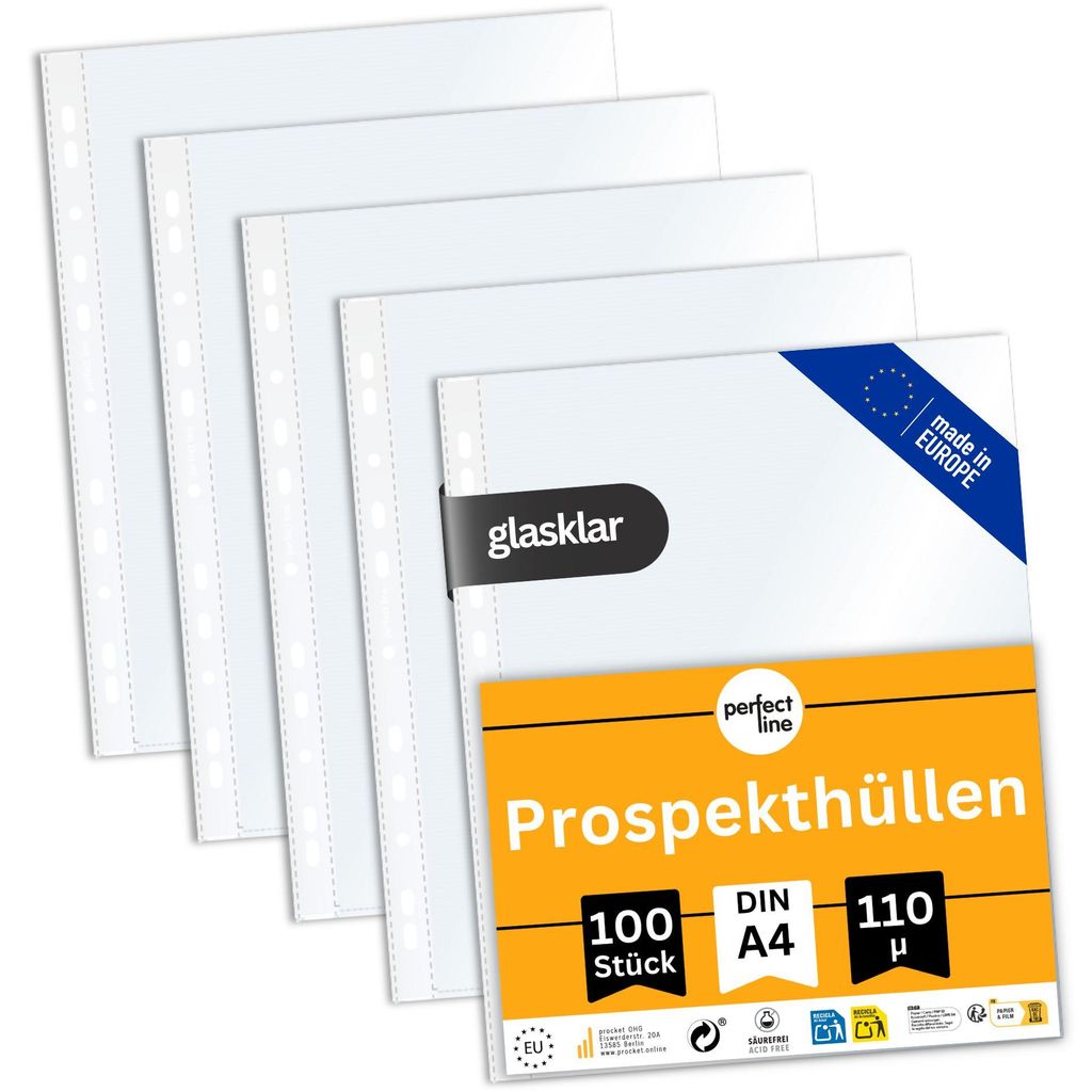 perfect line 100 Prospekthüllen A4 glasklar 110 my extra stark dokumentenecht