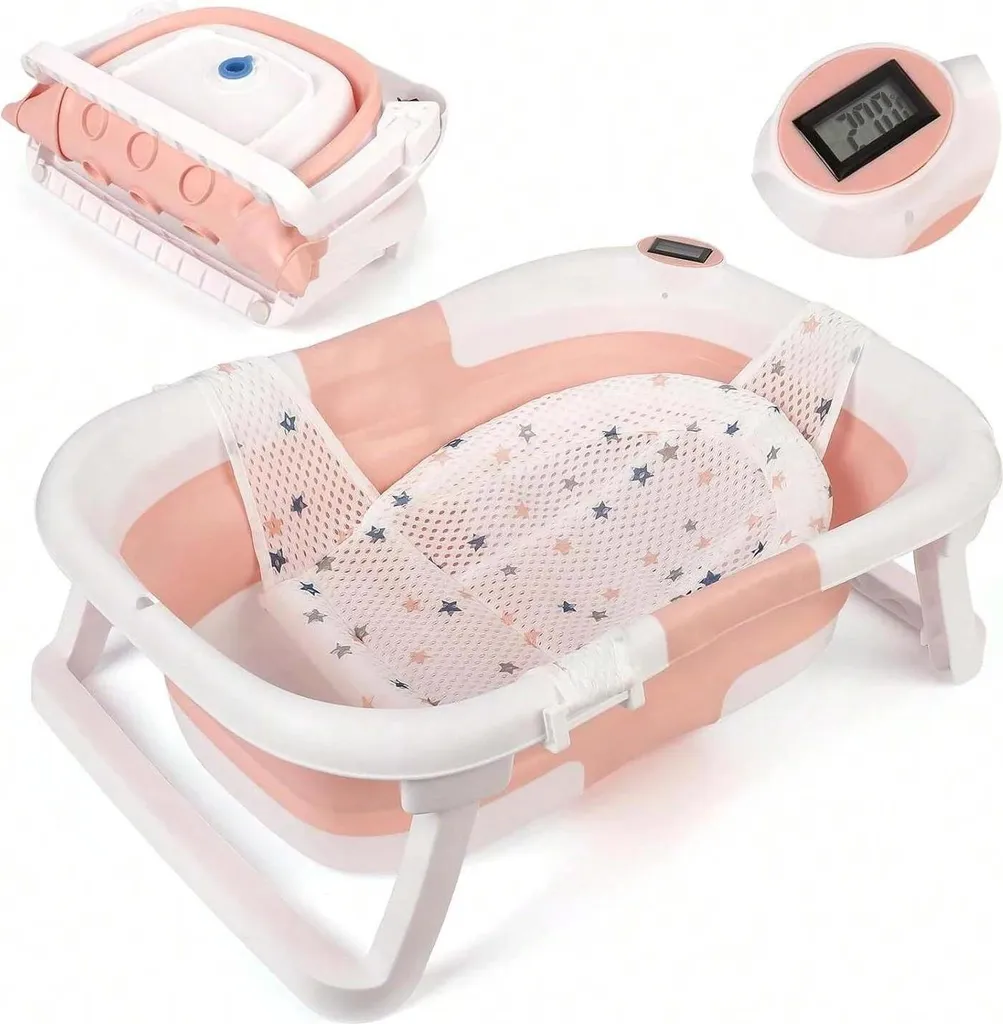 Baignoire bébé pliable avec thermomètre intégré et coussin ergonomique