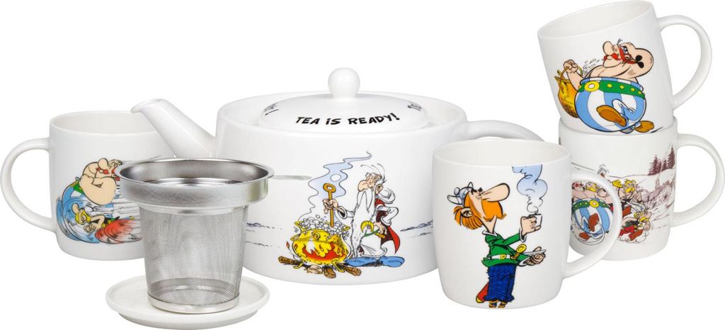 KÖNITZ 1150003041 Asterix & Obelix Set Kanne mit Sieb und Deckel & 1 Untersetzer & 4 Becher im Karton - Tee ist fertig