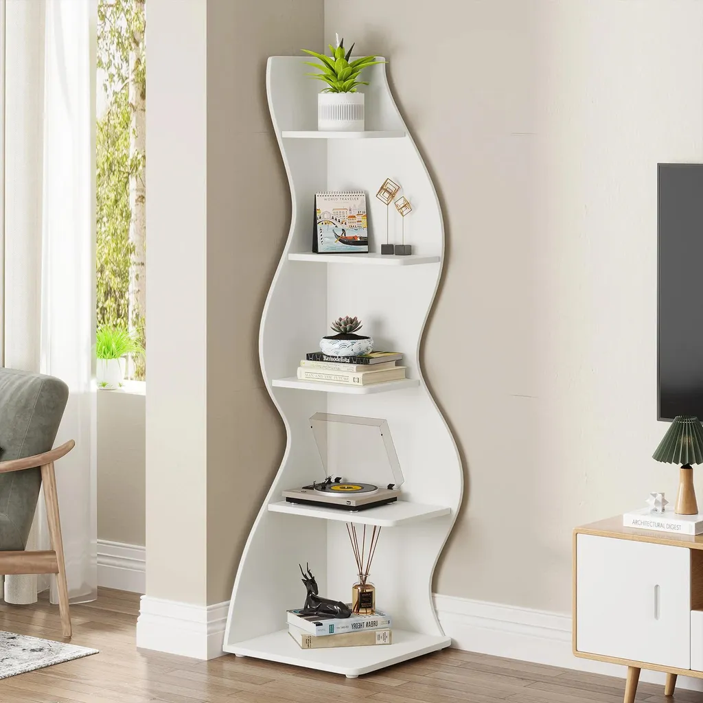 Étagère d'angle ondulée blanche à 5 niveaux - Bibliothèque design Taille L