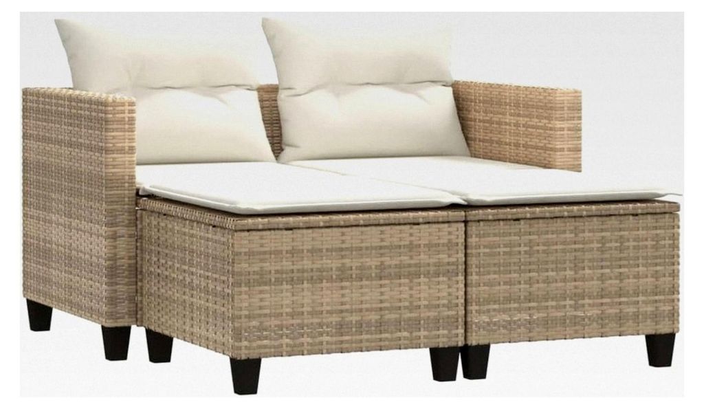 Gartensofa 2-Sitzer mit Hockern, Outdoor Sofa Gartenmöbel, Garten Lounge Set Terrasse, Terrassenmöbel in Beige aus Poly Rattan