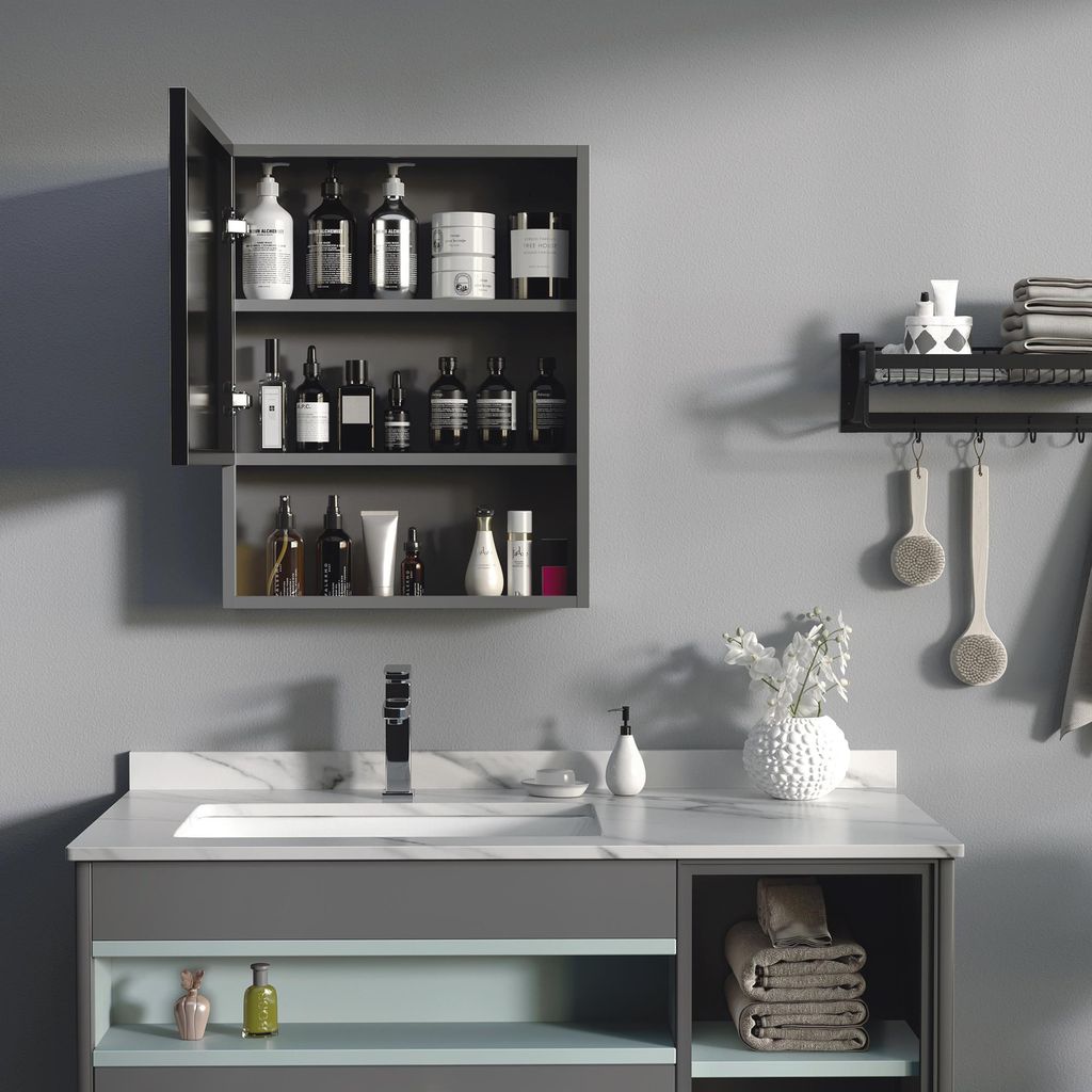 Spiegelschrank Bad Edelstahl Schwarz, Badschrank 2 Innenböden offenes Regalfach Soft-Close, rostfrei Wandmontage | 46x13,5x58 cm | 5,1 kg