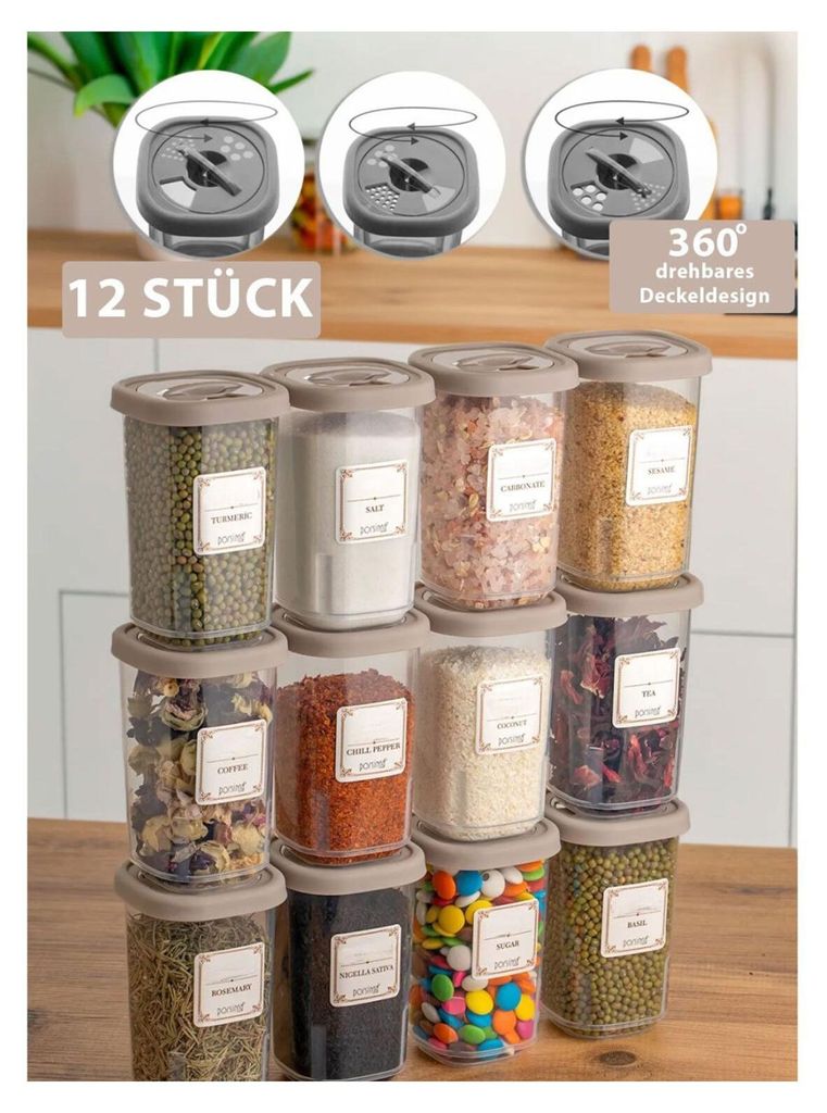 Gewürzbehälter Set 12x Stück mit Gewürzmühle mit Deckel Produktbild 