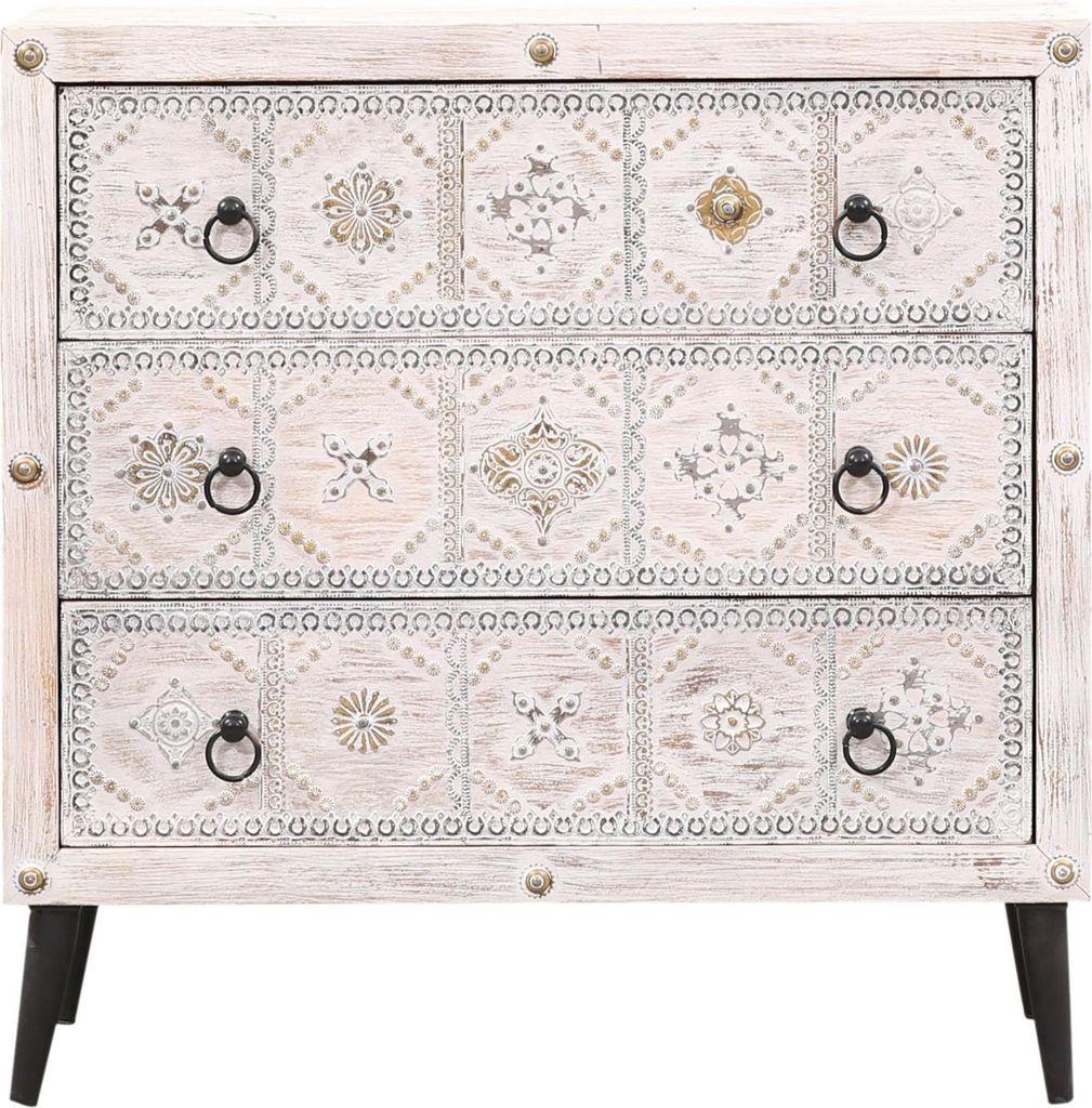 Marrakesch Boho Kommode mit Schubladen aus Holz weiß 80cm groß | Orientalische Deko kleines Sideboard Komode Vaqui Handarbeit für stilvolle Aufb...
