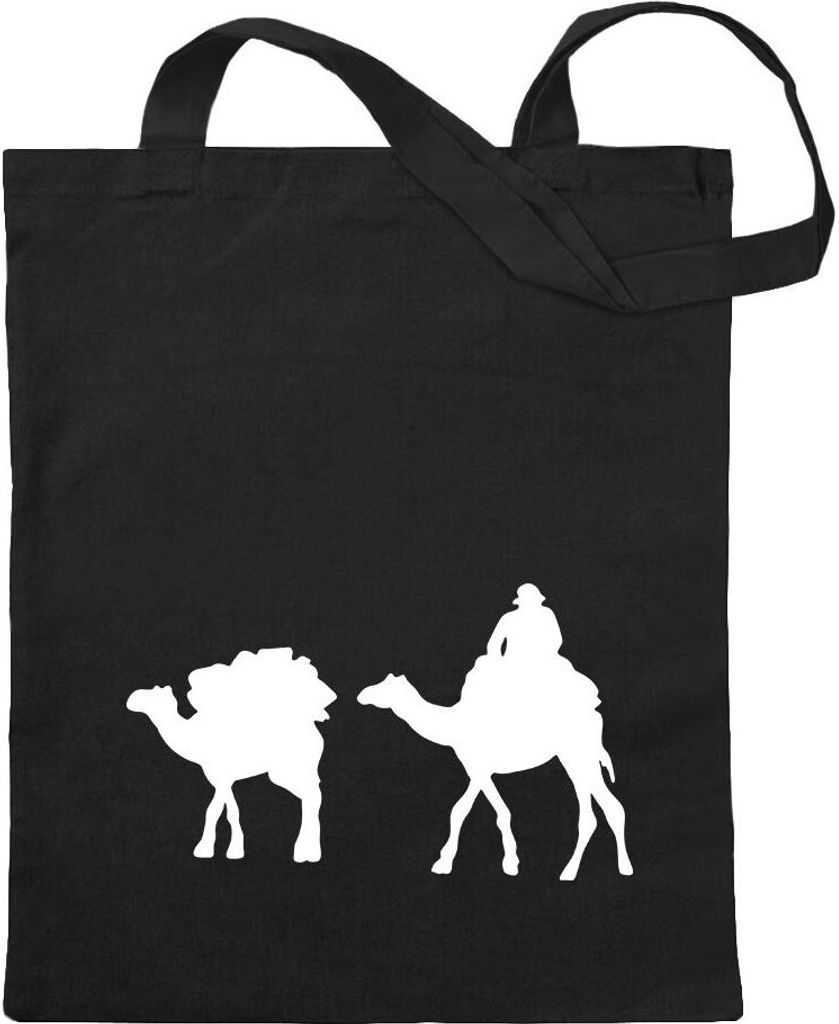 Kiwistar - Baumwolltasche - schwarz - Karawane - Kamele - Wüste - Tragetasche Stoffbeutel Umhängetasche langer Henkel