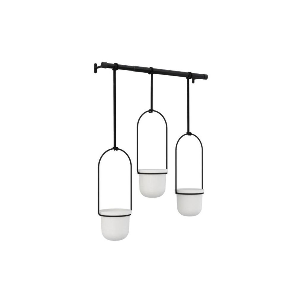 A product shot of a hanging planter with three white pots suspended from a black metal bar.