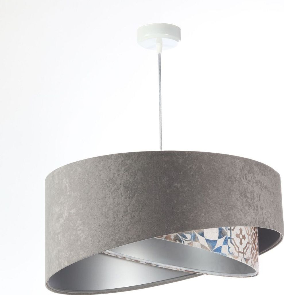 Hängelampe Stoff D: 50 cm H: max. 102 cm in Weiß Grau Beige (Vintage Print) Silber E27 rund Modern Pendelleuchte