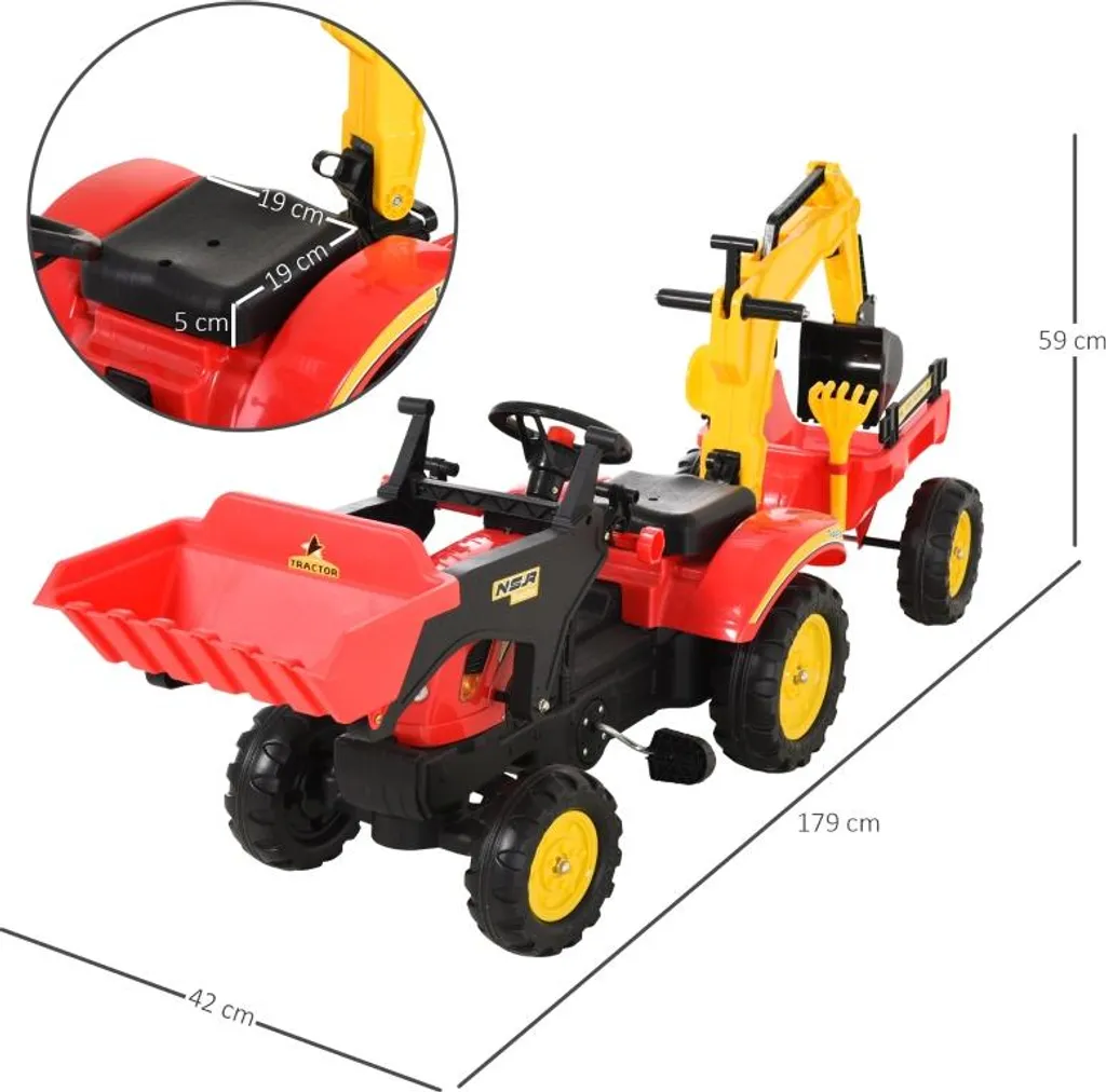 Tracteur à pédales avec chargeur frontal et pelle réglable pour enfant