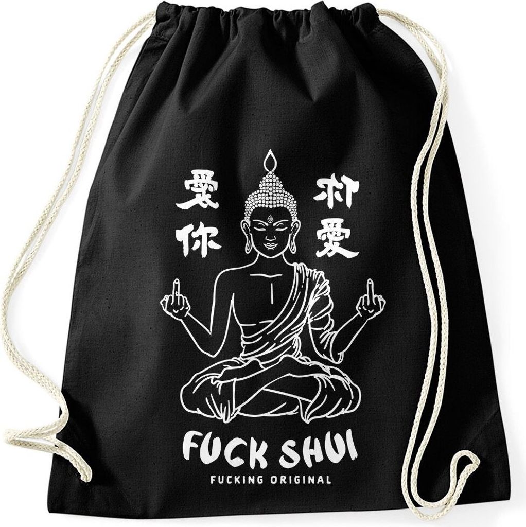 Turnbeutel Buddha Motiv Spruch Fuck Shui Schriftzug Mittelfinger japanische Schriftzeichen Fun Motiv Moonworks schwarz unisize