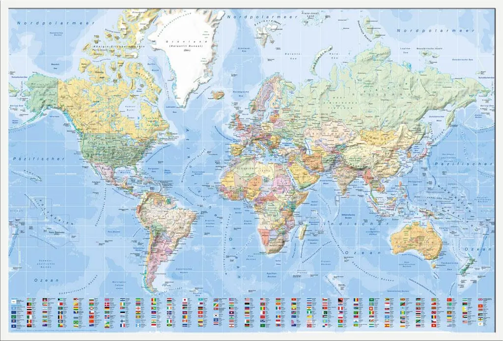 Carte du monde allemande encadrée vitre acrylique pour chambre enfant