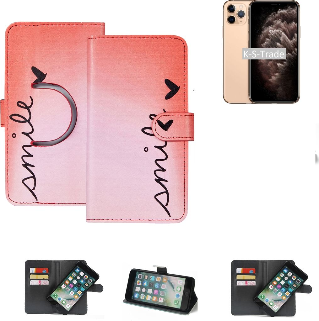 K-S-Trade Schutzhülle Handyhülle kompatibel mit Apple iPhone 11 Pro Hülle cover bookstyle Etui ''smile'' rot Standfunktion Kameraschutz (1Stk)