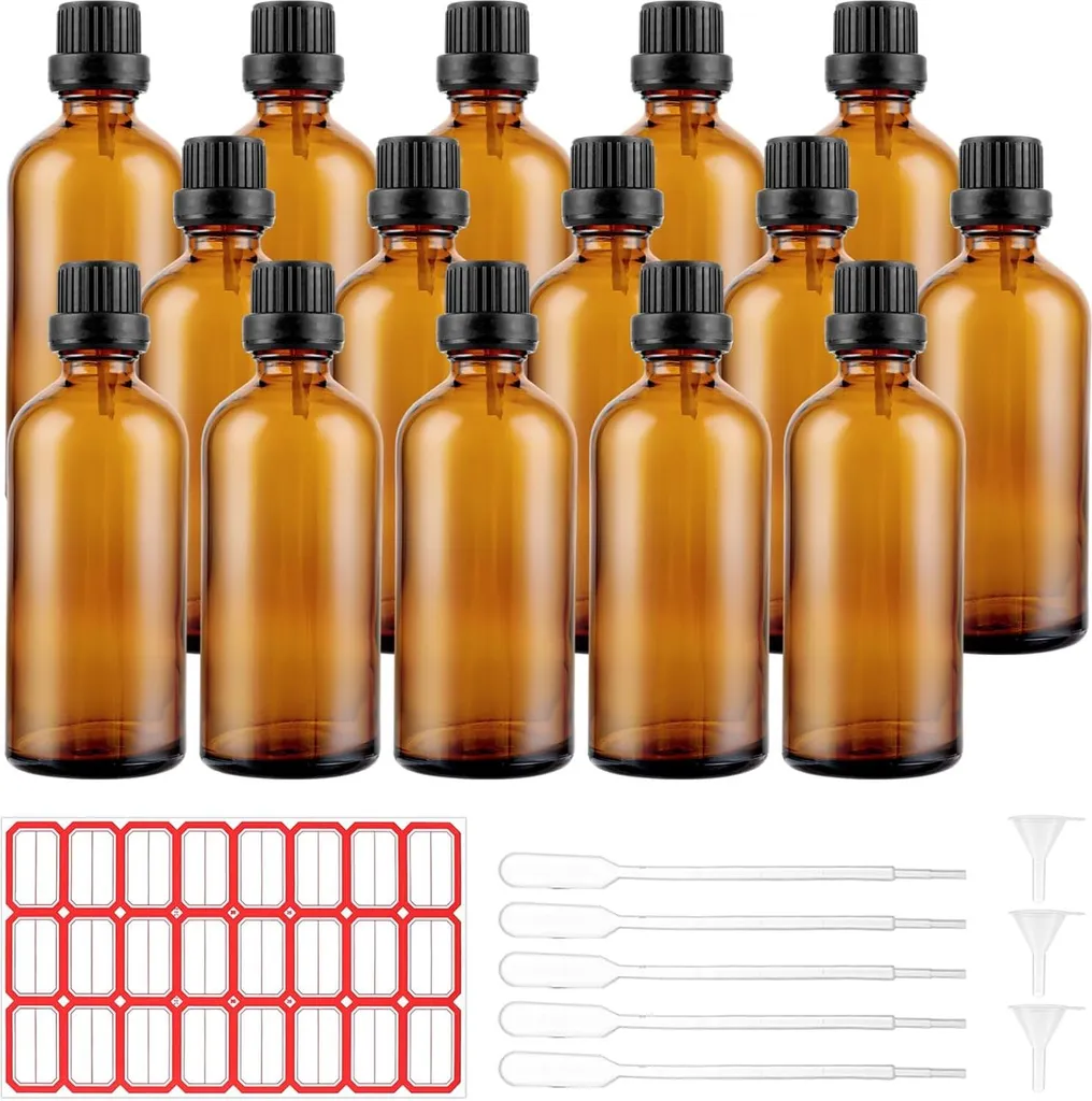 15 Flacons en verre brun 100 ml avec pipettes pour huiles essentielles
