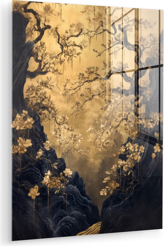 MuchoWow Glasbilder - Bilder auf Wandbild - Foto auf Glas Blumen - Zweige - Gold - Dekorativ 30x40 cm Wanddekoration aus Glas - Acrylglasbild - Acr...