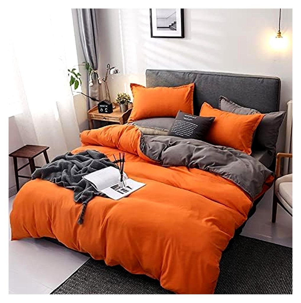 Wendebettwäsche 135×200 cm Orange Grau, 2-teiliges Set aus superweicher Mikrofaser mit Reißverschluss und 1 Kissenbezug 80 × 80 cm