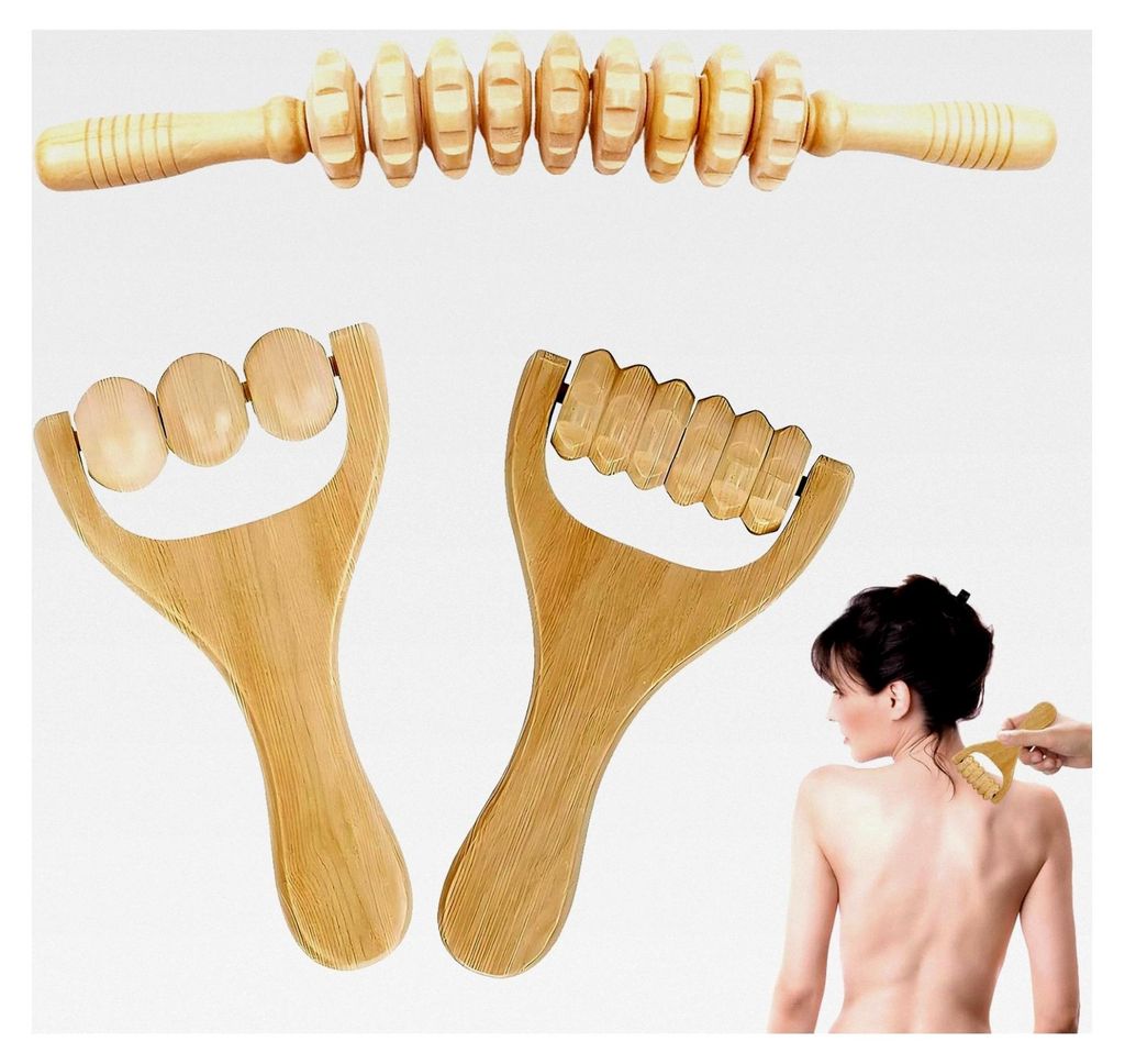 Massageroller aus Holz, 3 Stück Faszienrollen aus Holz, Multifunktionales Massagewerkzeug, Buchenholz Faszienstab für Zuhause, Büro und Reisen