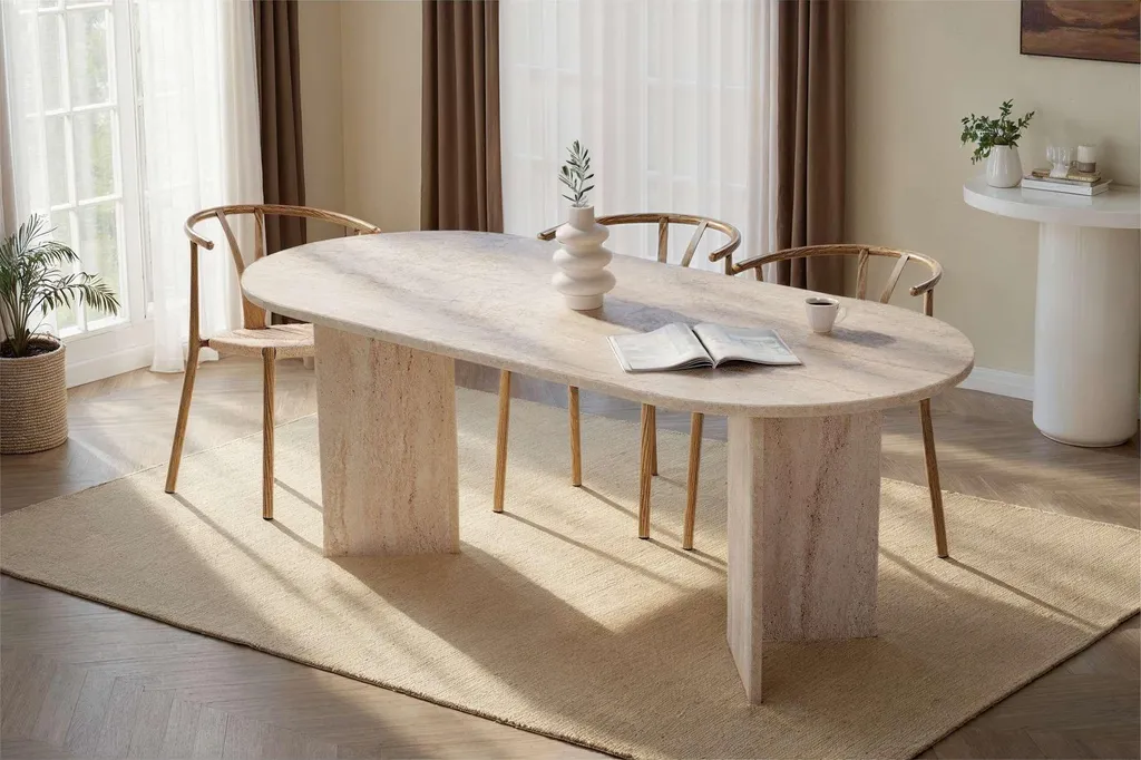 Table en travertin Sabella 200x90 plateau mélamine haute résistance