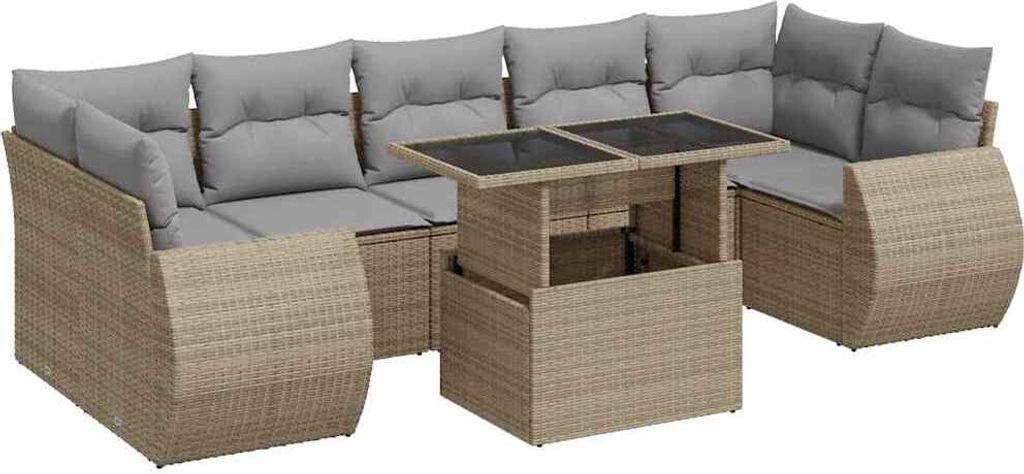 vidaXL 8-tlg. Garten-Sofagarnitur mit Kissen Beige Poly Rattan