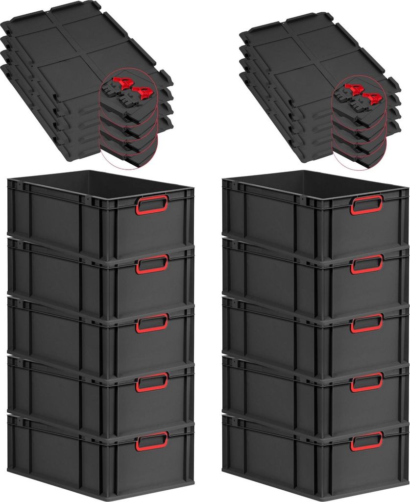 SuperSparSet 10x Eurobox NextGen Color mit Scharnierdeckel und Schiebeschnappverschlüssen | HxBxT 22x40x60cm | 44 Liter | Schwarz | Griffe rot ges...