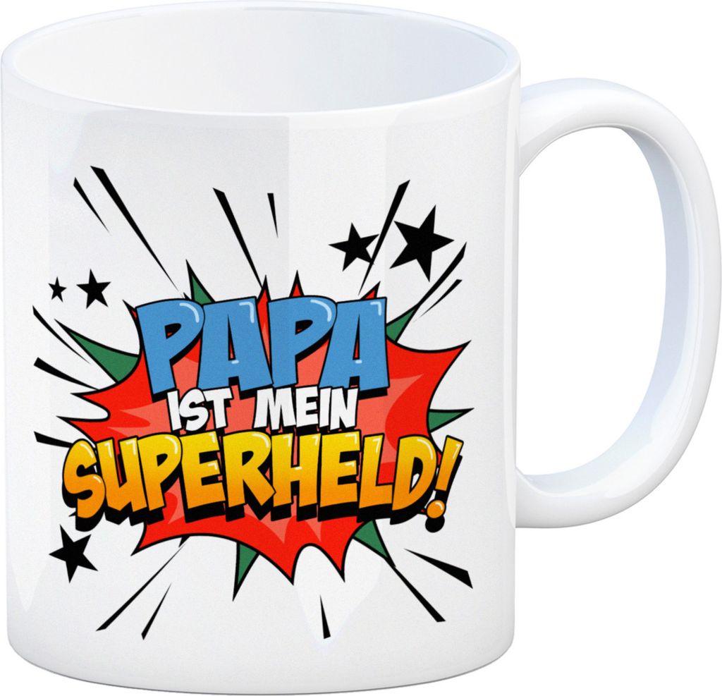 Kaffeetasse mit knalligem Comic Motiv und Spruch - Papa ist mein Superheld