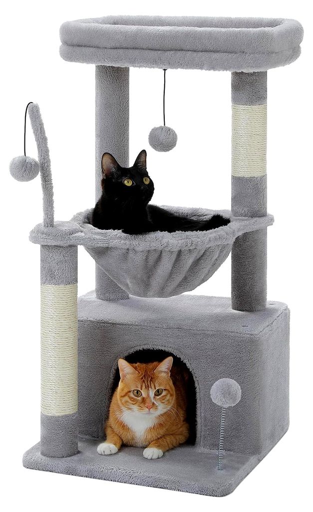 Kleiner Katzenbaum für Indoor-Katzen mit Hängematte, Katzenturm mit Sisal-überzogenem Kratzbaum, großer oberer Sitzstange, Grau, 83 cm
