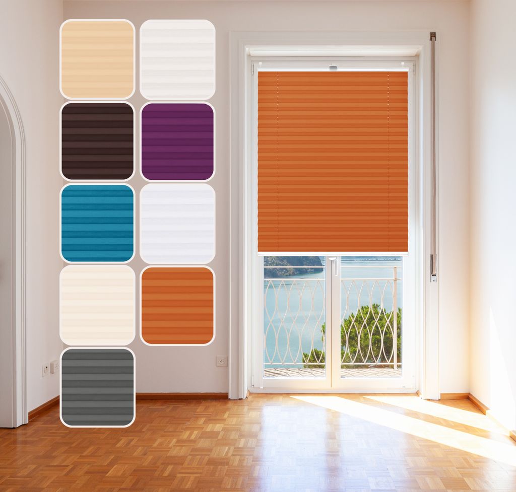 Plissee 50x100cm Orange mit weiß lackierten Alu-Profilen, KlemmFix-Halterung zur Montage ohne Bohren