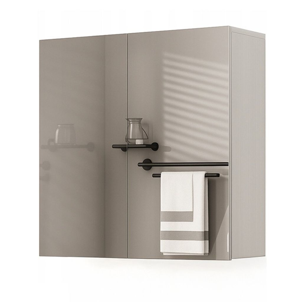 A modern bathroom cabinet with mirrored doors and a towel rack with a folded towel.