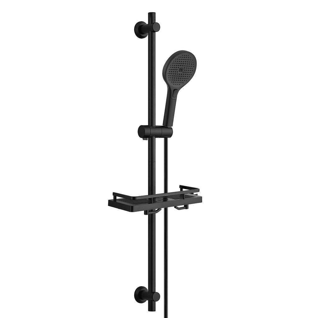 JOHO Edelstahl Duschstange 100 cm mit Ablage, Brausestange Set mit Handbrause, Verstellbar Duschset passend für vorhandene Bohrlöcher, Schwarz